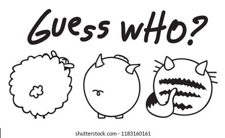 Guess Who? Hand Drawn Text For Prints, Textile, Paper. Childish Illustration With Animals In Vector.