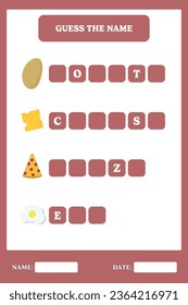 Guess the name. Educational worksheet design for preschool, kindergarten or elementary students. Activity page. Spelling game.