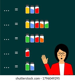 guess numbers from one to five using a picture of a small bottle of various colors and a woman in red