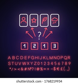 Guess the picture neon light icon. Outer glowing effect. Entertaining logical game, friendly competitive challenge sign with alphabet, numbers and symbols. Vector isolated RGB color illustration