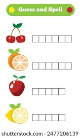 Guess and Spell Fruits Spiel für Kinder. Lernobjektnamen Lernquiz für ein Vorschulkind