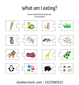 Guess what animals eat? Children education Puzzle game. Matching activity for children with animals and food they eat. Funny woodland game for kids. Logical quiz worksheet