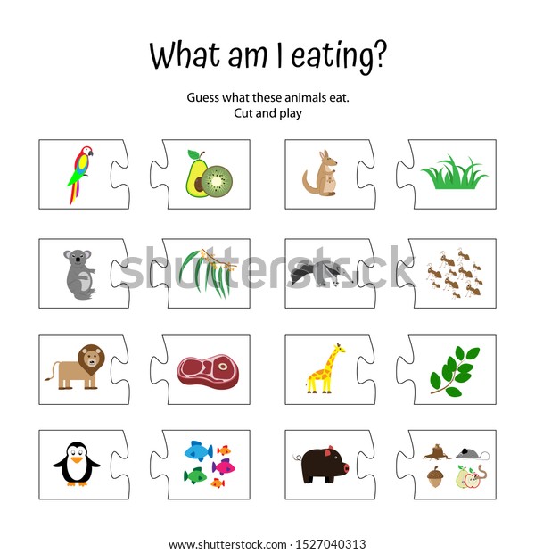 何を食べるの 子供教育のパズルゲーム 動物と食べ物を持つ子どもたちに合った活動 子供向けの奇妙なウッドランドゲーム 論理クイズワークシート のベクター画像素材 ロイヤリティフリー