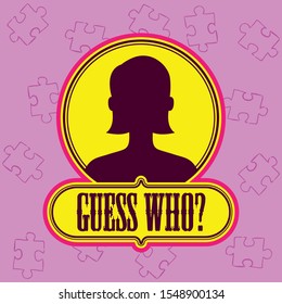 Guess who banner with woman avatar and in light pink color 