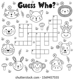 Guess Who Black And White Crossword For Kids. Coloring Page With Cute Animals. Vector Illustration