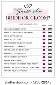 Guess Who Bride Or Groom Game, Bridal Shower Games, Printable Vector Card