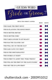 Guess Who Bride Or Groom Game, Bridal Shower Games, Printable Vector Card