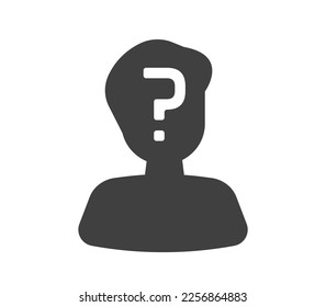 Guess who unknown person silhouette icon vector, anonymous mysterious user profile comic humor game graphic illustration design, anonym man with question on mind head clipart image 