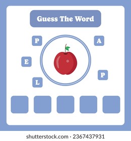 Adivina la palabra. Vector de Apple. Juego educativo de ortografía para niños. El vocabulario de aprendizaje. Hoja de cálculo imprimible para niños. Página de actividades de preescolar, preescolar o de edad elemental.