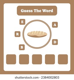 Guess the word. Bread vector. Educational spelling game for kids. Learning vocabulary. Printable worksheet for children. Preschool, kindergarten or elementary age activity page.