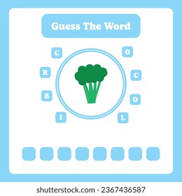 Guess the word. Broccoli vector. Educational spelling game for kids. Learning vocabulary. Printable worksheet for children. Preschool, kindergarten or elementary age activity page.