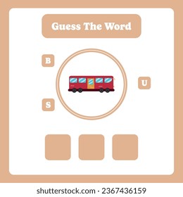 Guess the word. Bus vector. Educational spelling game for kids. Learning vocabulary. Printable worksheet for children. Preschool, kindergarten or elementary age activity page.