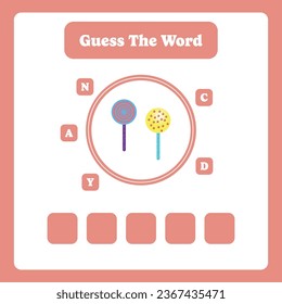 Guess the word. Candy vector. Educational spelling game for kids. Learning vocabulary. Printable worksheet for children. Preschool, kindergarten or elementary age activity page.