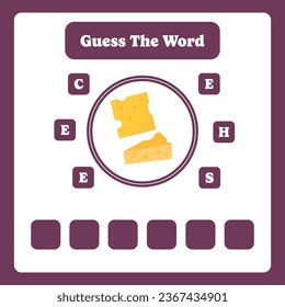 Guess the word. Cheese vector. Educational spelling game for kids. Learning vocabulary. Printable worksheet for children. Preschool, kindergarten or elementary age activity page.