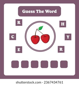 Guess the word. Cherry vector. Educational spelling game for kids. Learning vocabulary. Printable worksheet for children. Preschool, kindergarten or elementary age activity page.