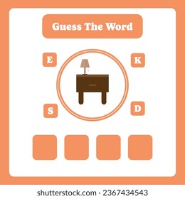 Guess the word. Desk vector. Educational spelling game for kids. Learning vocabulary. Printable worksheet for children. Preschool, kindergarten or elementary age activity page.