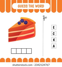 Guess the word educational learning game for preschool kids.  Cake. Activity page. Word puzzle. Developing worksheet.