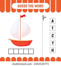 Guess the word educational learning game for preschool kids.  Yacht. Activity page. Word puzzle. Developing worksheet.