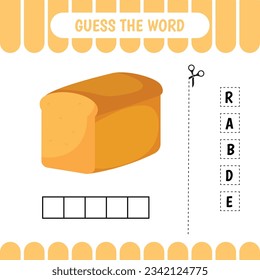 Guess the word educational learning game for preschool kids.  Bread. Activity page. Word puzzle. Developing worksheet.