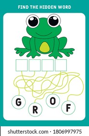 GUESS THE WORD. An educational puzzle game with a little frog. Find the hidden word - frog. Educational and logical game for children. Cartoon vector illustration.  Preschool worksheet.