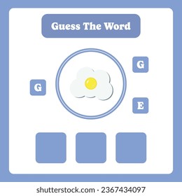 Guess the word. Fried egg vector. Educational spelling game for kids. Learning vocabulary. Printable worksheet for children. Preschool, kindergarten or elementary age activity page.