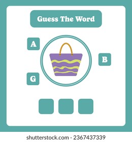 Adivina la palabra. Vector de bolso. Juego educativo de ortografía para niños. El vocabulario de aprendizaje. Hoja de cálculo imprimible para niños. Página de actividades de preescolar, preescolar o de edad elemental.