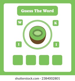 Guess the word. Kiwi vector. Educational spelling game for kids. Learning vocabulary. Printable worksheet for children. Preschool, kindergarten or elementary age activity page.