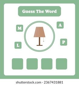 Guess the word. Lamp vector. Educational spelling game for kids. Learning vocabulary. Printable worksheet for children. Preschool, kindergarten or elementary age activity page.