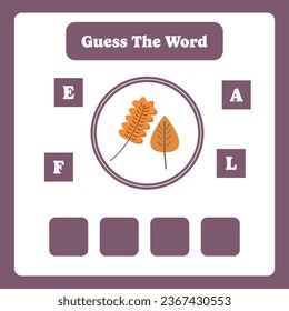 Adivina la palabra. Vector de hoja. Juego educativo de ortografía para niños. El vocabulario de aprendizaje. Hoja de cálculo imprimible para niños. Página de actividades de preescolar, preescolar o de edad elemental.