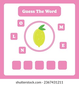 Adivina la palabra. Vector de limón. Juego educativo de ortografía para niños. El vocabulario de aprendizaje. Hoja de cálculo imprimible para niños. Página de actividades de preescolar, preescolar o de edad elemental.