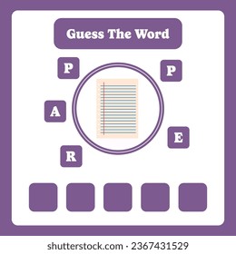 Guess the word. Paper vector. Educational spelling game for kids. Learning vocabulary. Printable worksheet for children. Preschool, kindergarten or elementary age activity page.