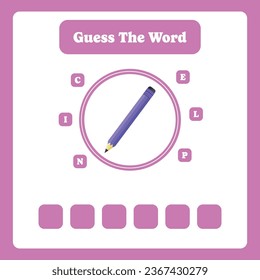 Guess the word. Pencil vector. Educational spelling game for kids. Learning vocabulary. Printable worksheet for children. Preschool, kindergarten or elementary age activity page.