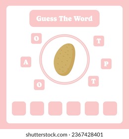 Guess the word. Potato vector. Educational spelling game for kids. Learning vocabulary. Printable worksheet for children. Preschool, kindergarten or elementary age activity page.