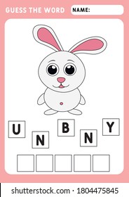GUESS THE WORD. Spell the word  - bunny.  Symbol 2021.Educational and logical game for kids. Illustration and vector outline - A4 paper ready to print.