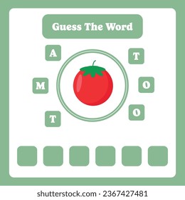 Guess the word. Tomato vector. Educational spelling game for kids. Learning vocabulary. Printable worksheet for children. Preschool, kindergarten or elementary age activity page.