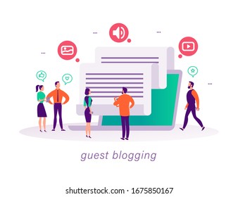 Guest blogging concept with tiny people, laptop and social media review and feedback icons. Landing page design template, web interface, mobile app. Vector flat illustration.