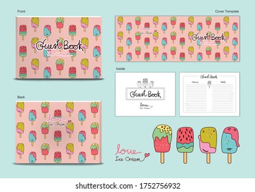 guest book Cover and inside page ice Cream Sweets desserts themes vector illustration, cute guest book