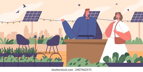Guest Character At The Rooftop Greenhouse Restaurant Enjoy A Culinary Oasis Surrounded By Lush Greenery, Vector