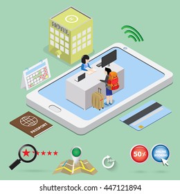 guest check in on mobile phone for hotel booking online concept 