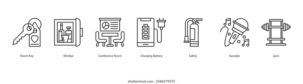 Guest Experience Icon Sheet Room Key, Minibar, Conference Room, Charging Battery, Safety, Karaoke, Gym