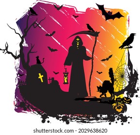 Guest Haunted House Halloween creepy illustration with Pumpkins Cat and Bats at night