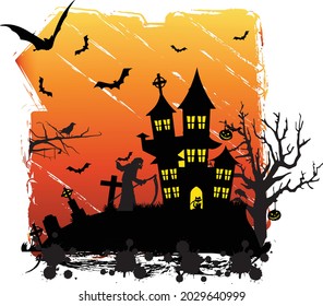 Guest Haunted House Halloween creepy illustration t shirt design with Pumpkins Cat and Bats at night