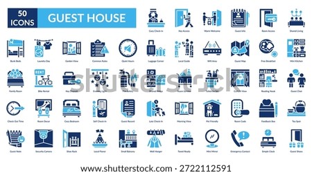 Guest House Fill Icon Set. Cozy Check In, Key Access, Warm Welcome, Guest Info, Room Access, Shared Living, Mini Kitchen