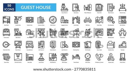 Guest House Line Icon Set. Cozy Check In, Key Access, Warm Welcome, Guest Info, Room Access, Shared Living, Mini Kitchen