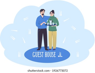 Guest house with seniors welcoming guests to party. Happy hospitable adult people meet friends, treat buddies to tea and coffee. Elderly man and woman with glasses on blue background