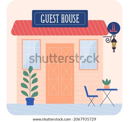 Guest house. Small brick building with terrace icon isolated on white background, home, family business. Hotel for guests and tourists, hostel with sign, Guesthouse renting an apartment for while