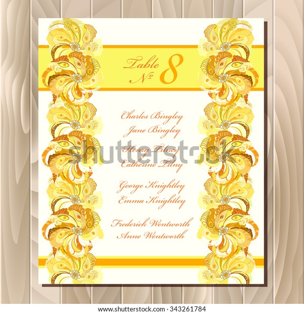 Guest list for
table. Vector background peacock feathers. Golden wedding design
blank template. Vector
illustration