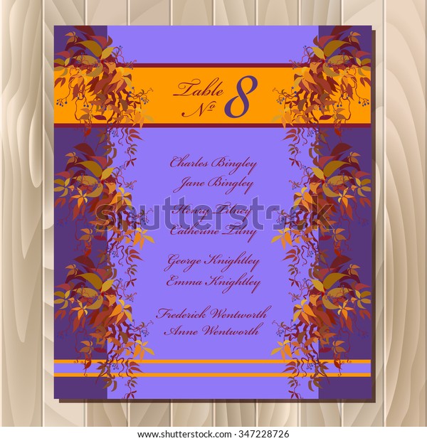 Guest list for\
table. Vector background with autumn wild grape branches with\
orange red leaves. Printable backgrounds set. Deep blue and orange\
wedding design blank template.\
