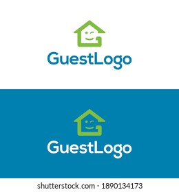 Logotipo de invitado. Logotipo limpio perfecto para alquileres vacacionales 
sitios que contienen la palabra invitado en sus nombres de negocios. 
El contorno de la casa está formando la letra G que representa la palabra invitado.