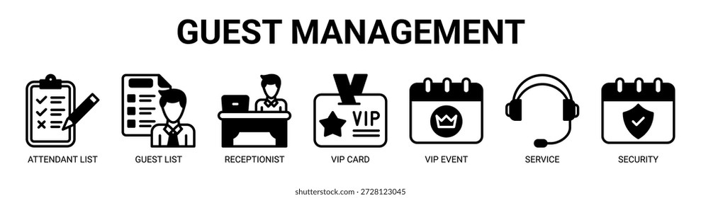 Ilustração de vetor de ícone de banner da Web de Gerenciamento de Convidados com ícone de lista de atendentes, lista de convidados, recepcionista, cartão vip, evento vip, serviço e segurança.